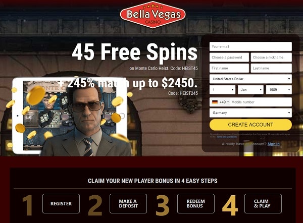 45 Free Spins no deposit bonus (promo code: HEIST45)