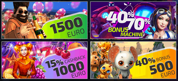 1500 EUR welcome bonus + 40% and 70% Bonus Machine + 15% cashback + 40% reload bonus